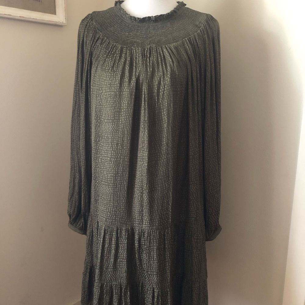 LOFT Olive Long Sleeve Satin like Dress